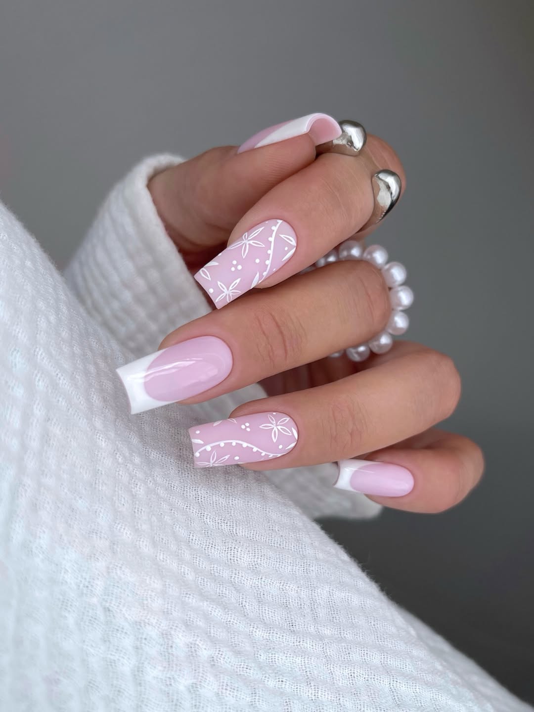 Pink Floral Matte Coffin French Manicure