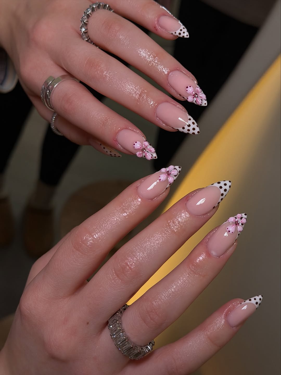 Pink Floral Polka Dot French Stiletto Nails