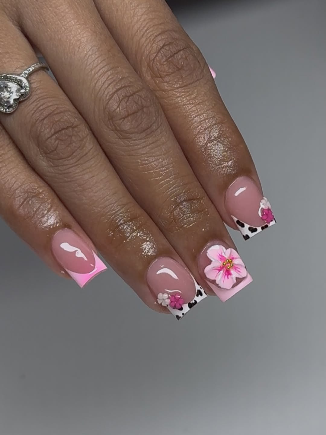 Pink French Tip Cow Print Bloom Nails