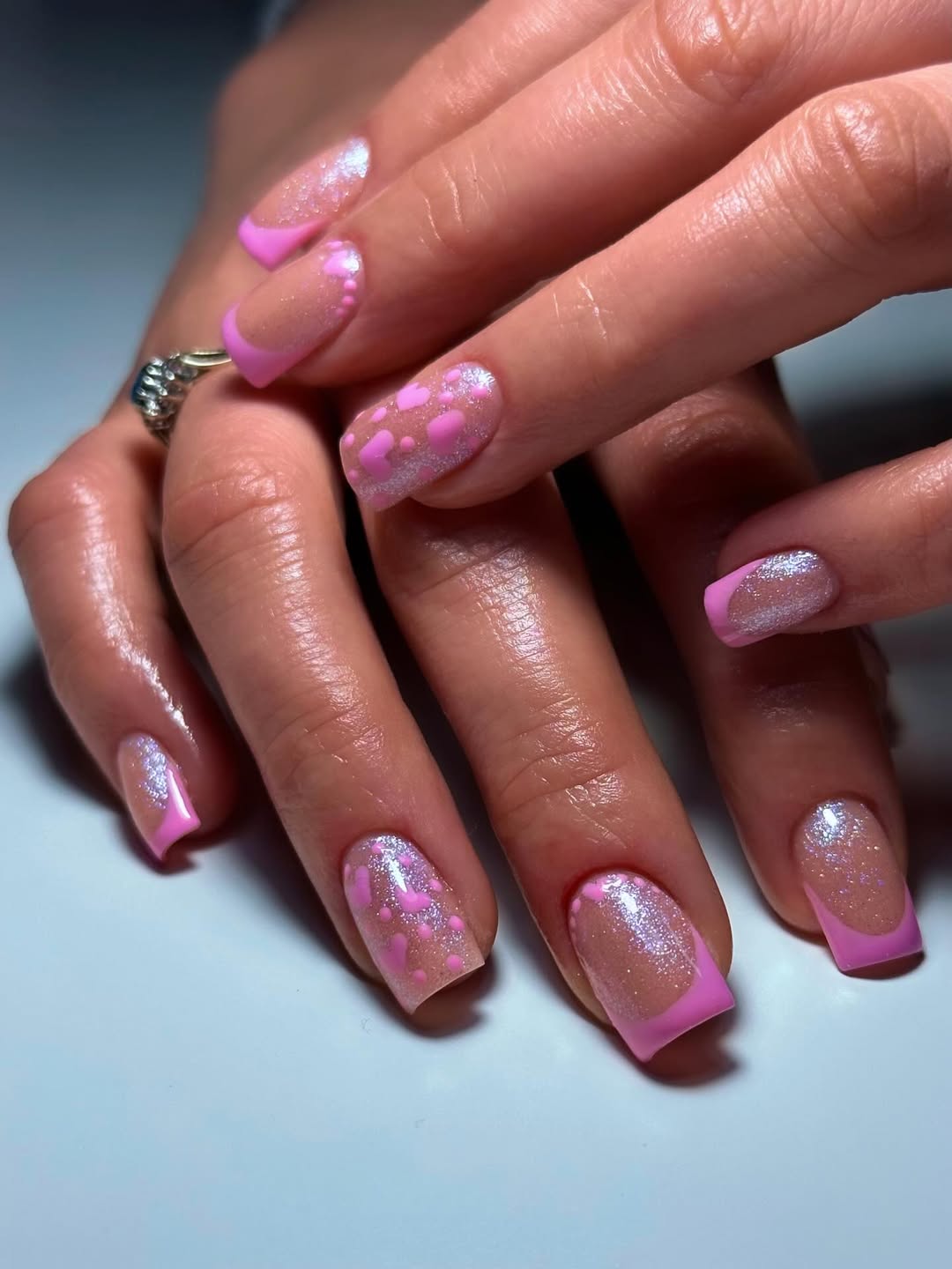 Pink French Tip Sparkle Hearts Square Nails