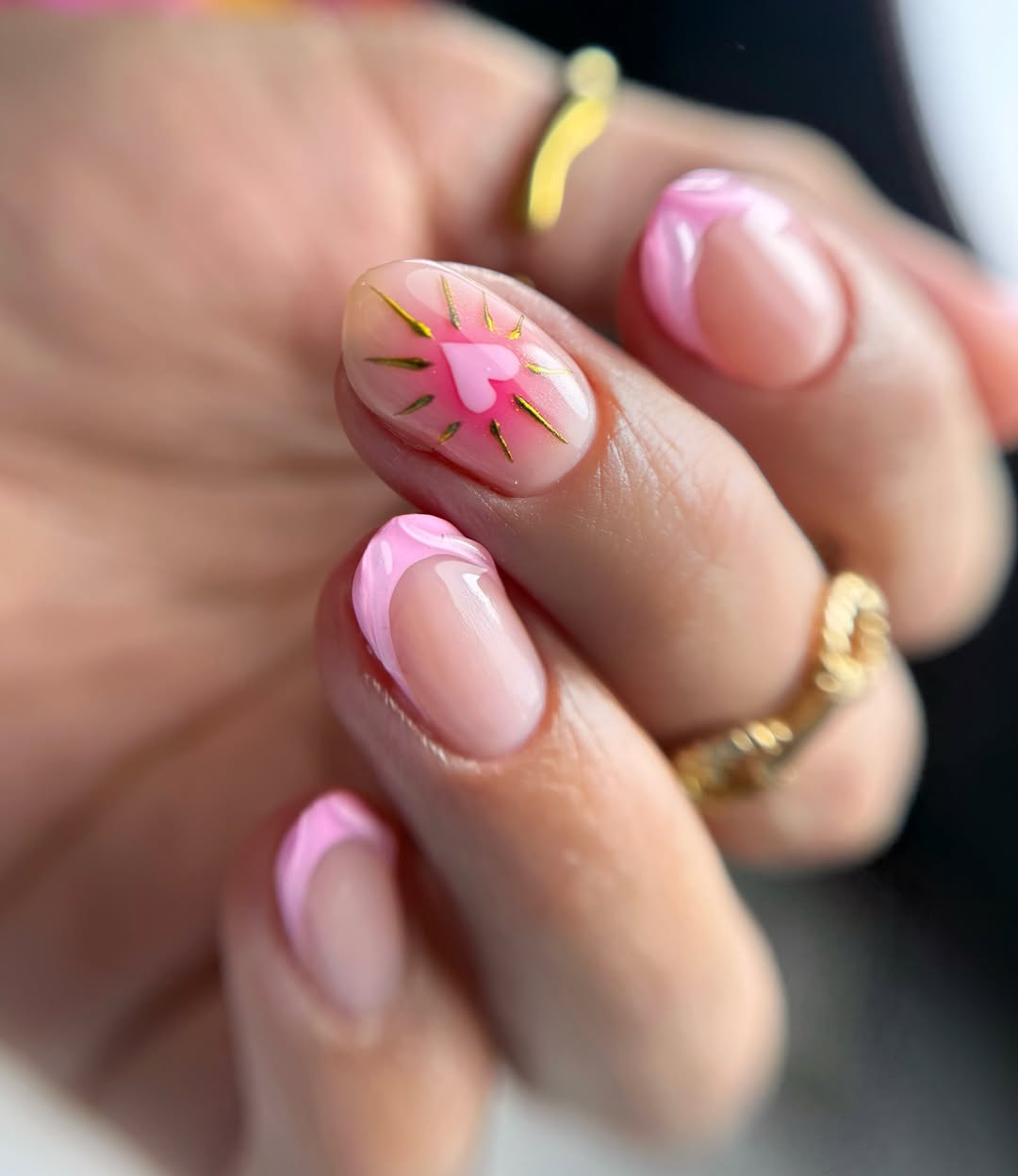Pink French Tips With Gold Heart Accent Nails