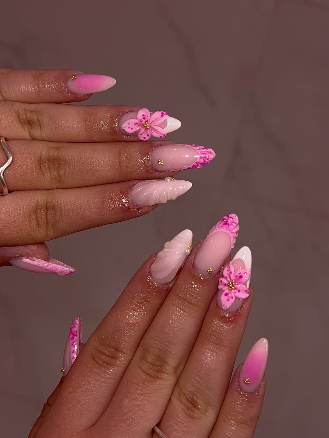 Pink Ombre Flower And French Tip Stiletto Nails