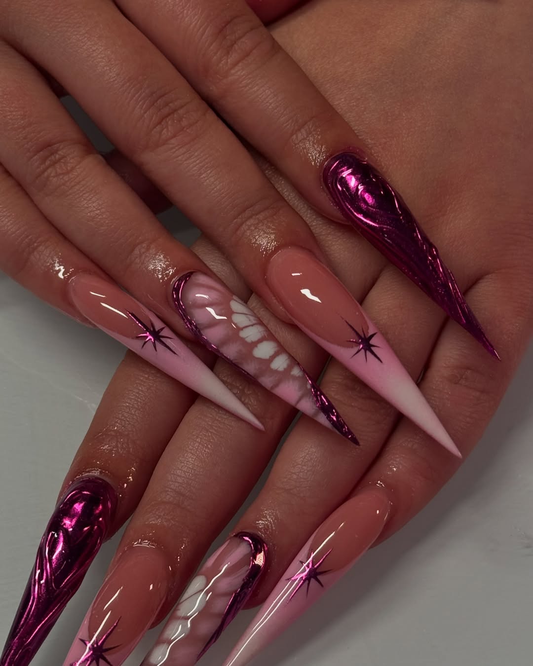 Pink Ombre Stiletto Magenta Chrome Starburst Nails