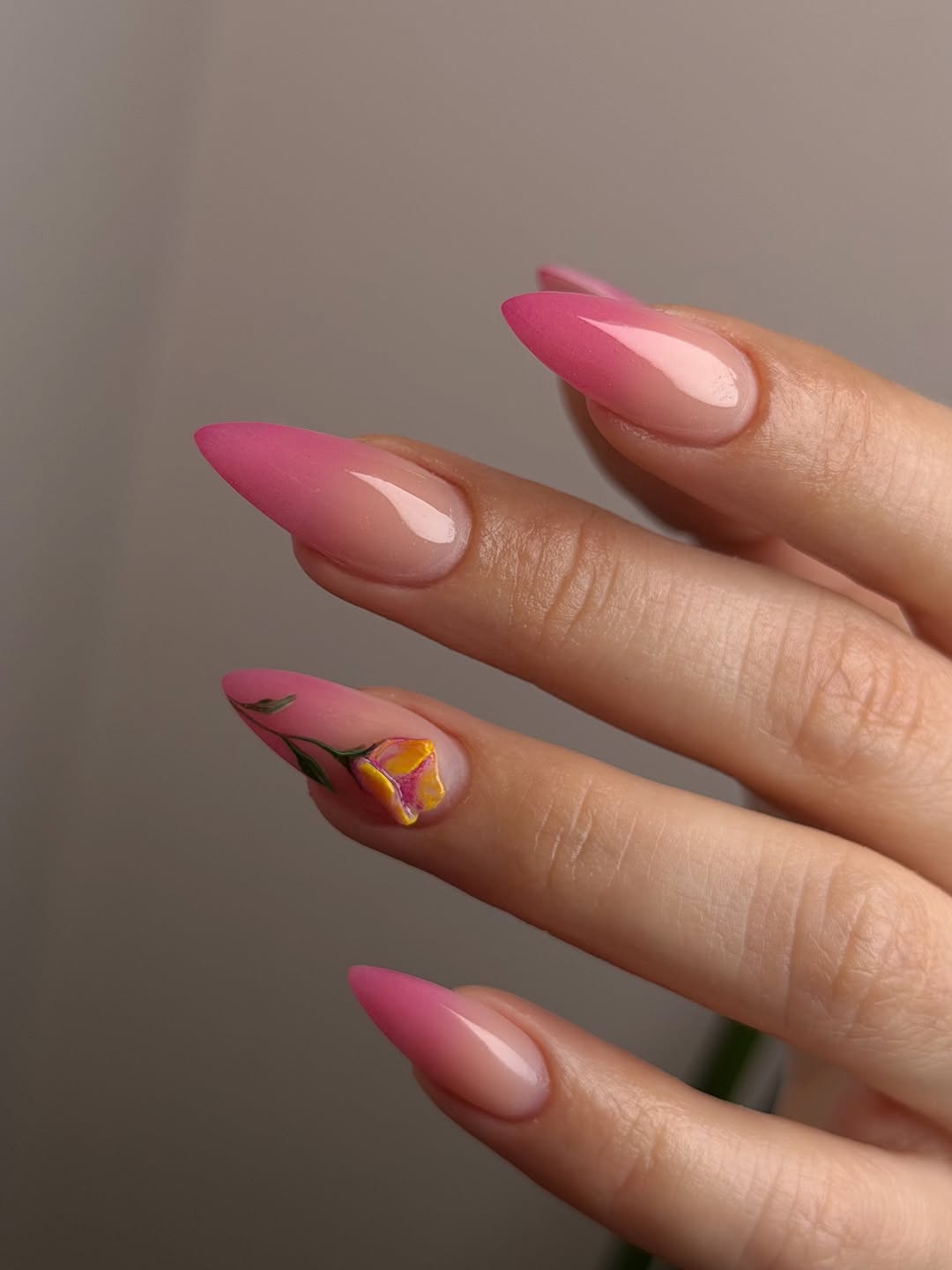 Pink Ombre Stiletto Nails With 3D Floral Art