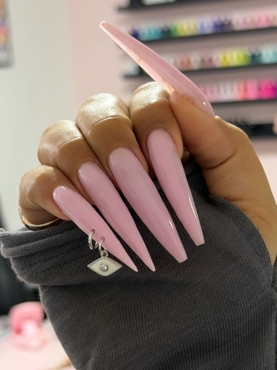 Pink Stiletto Nails with Diamond Eye Charm