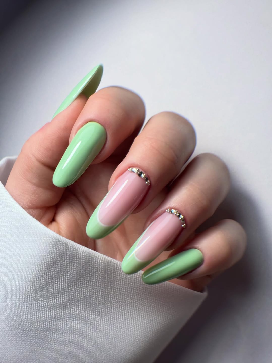 Pistachio Green French Tip Coffin Nails With Rhinestones