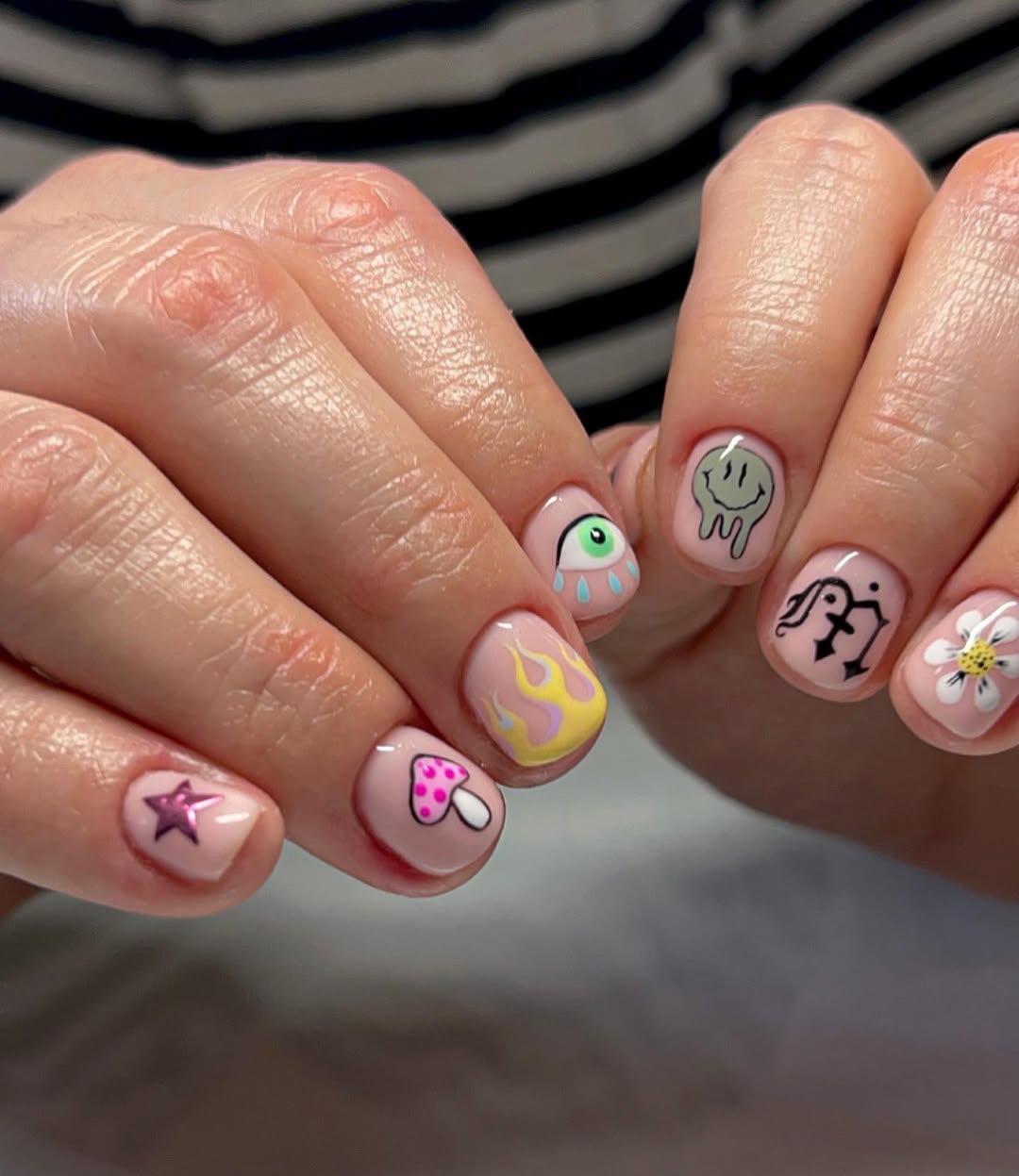 Playful Candy Pink Mismatched Hand-Painted Short Nails