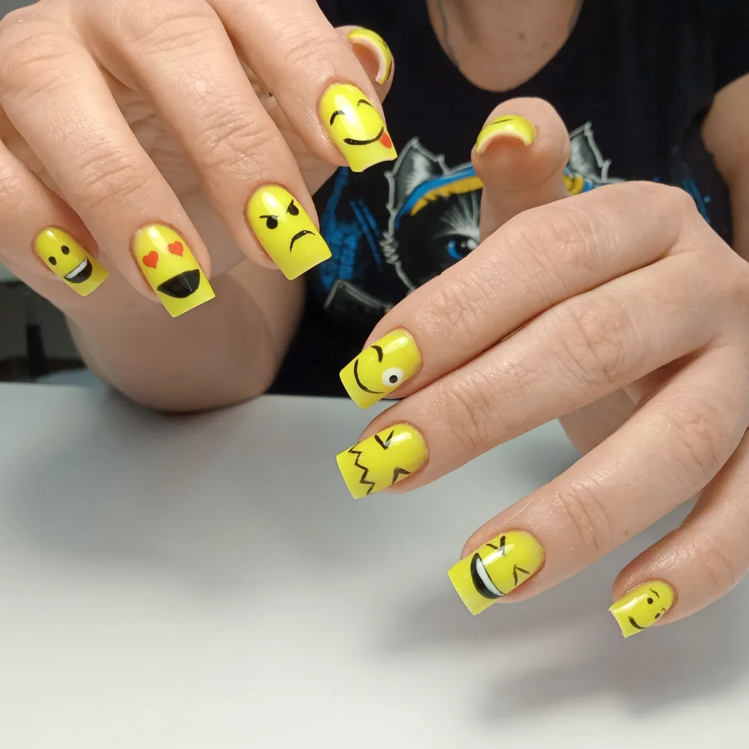 Playful Emoji Yellow Square Nails