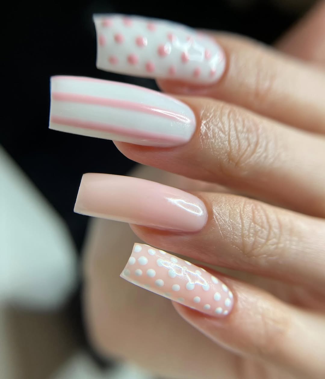 Playful Gingham Polka Dot Pink and White Nails