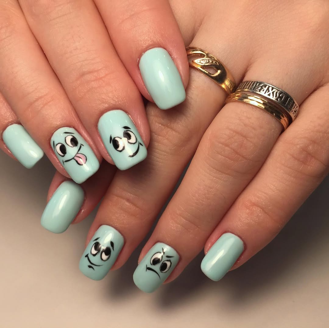 Playful Mint Emoji Art Nails