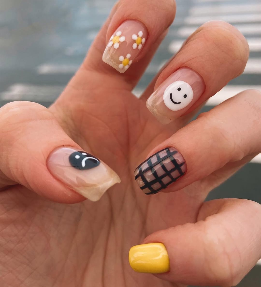 Playful Mismatched Nude Gel Nails with Summer Art