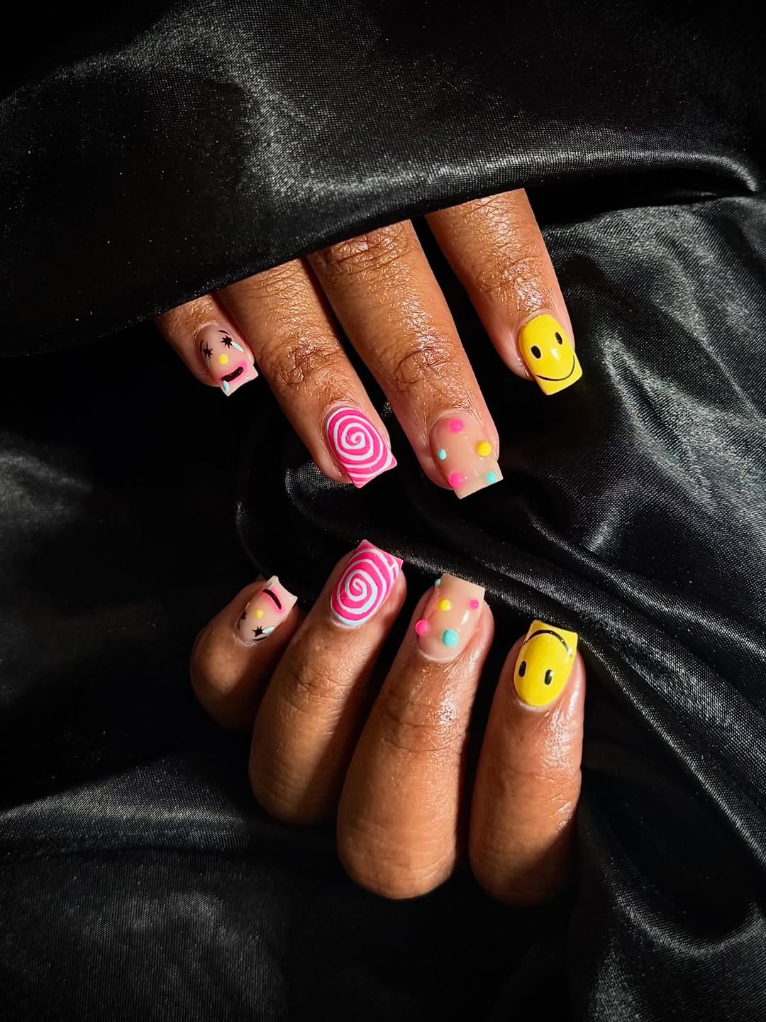 Playful Mismatched Square Candy Swirl Smiley Nails