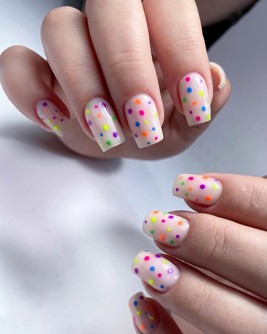Playful Neon Polka Dot Glossy Square Nails