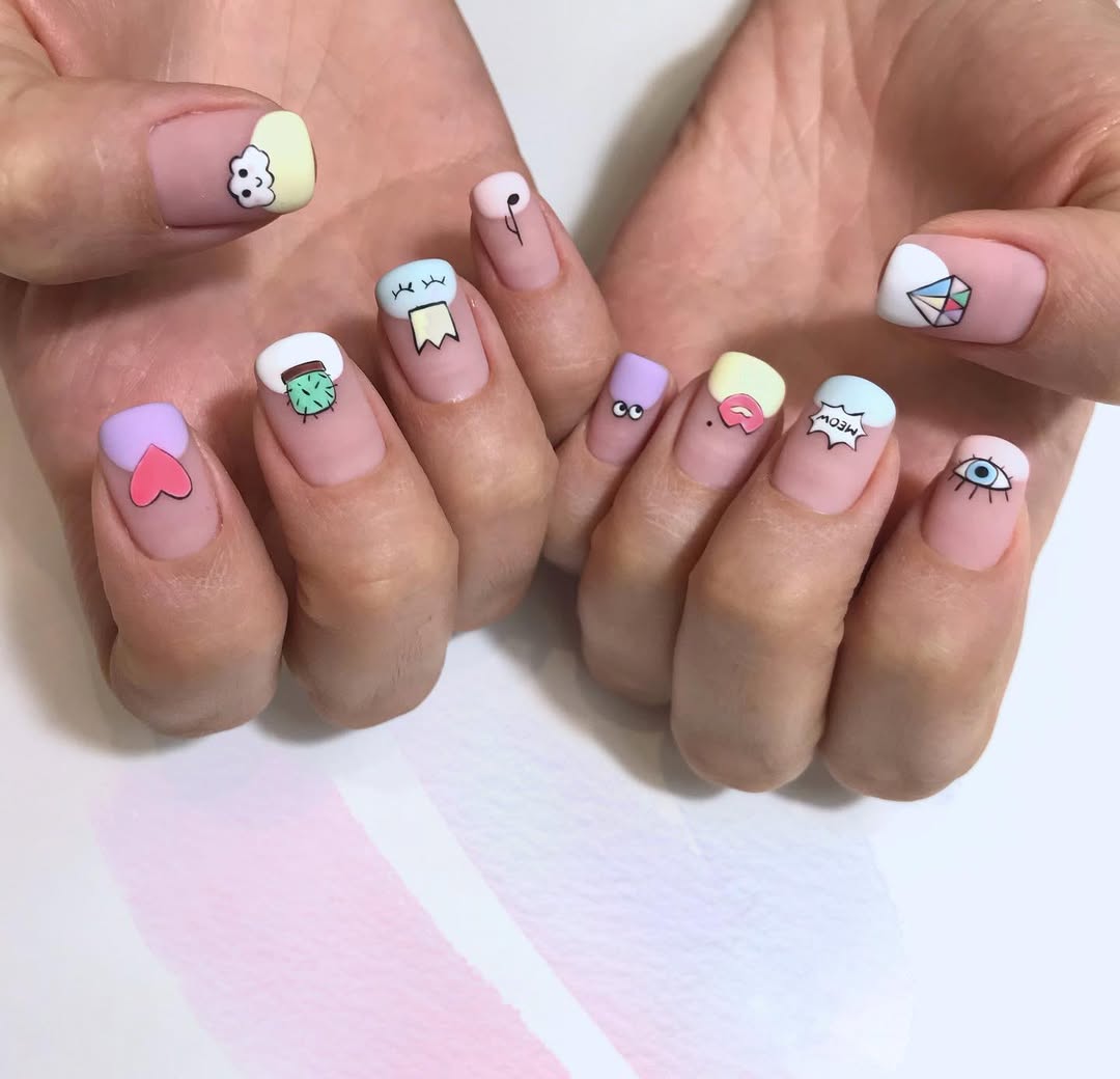 Playful Pastel Character Mismatched Matte Nails