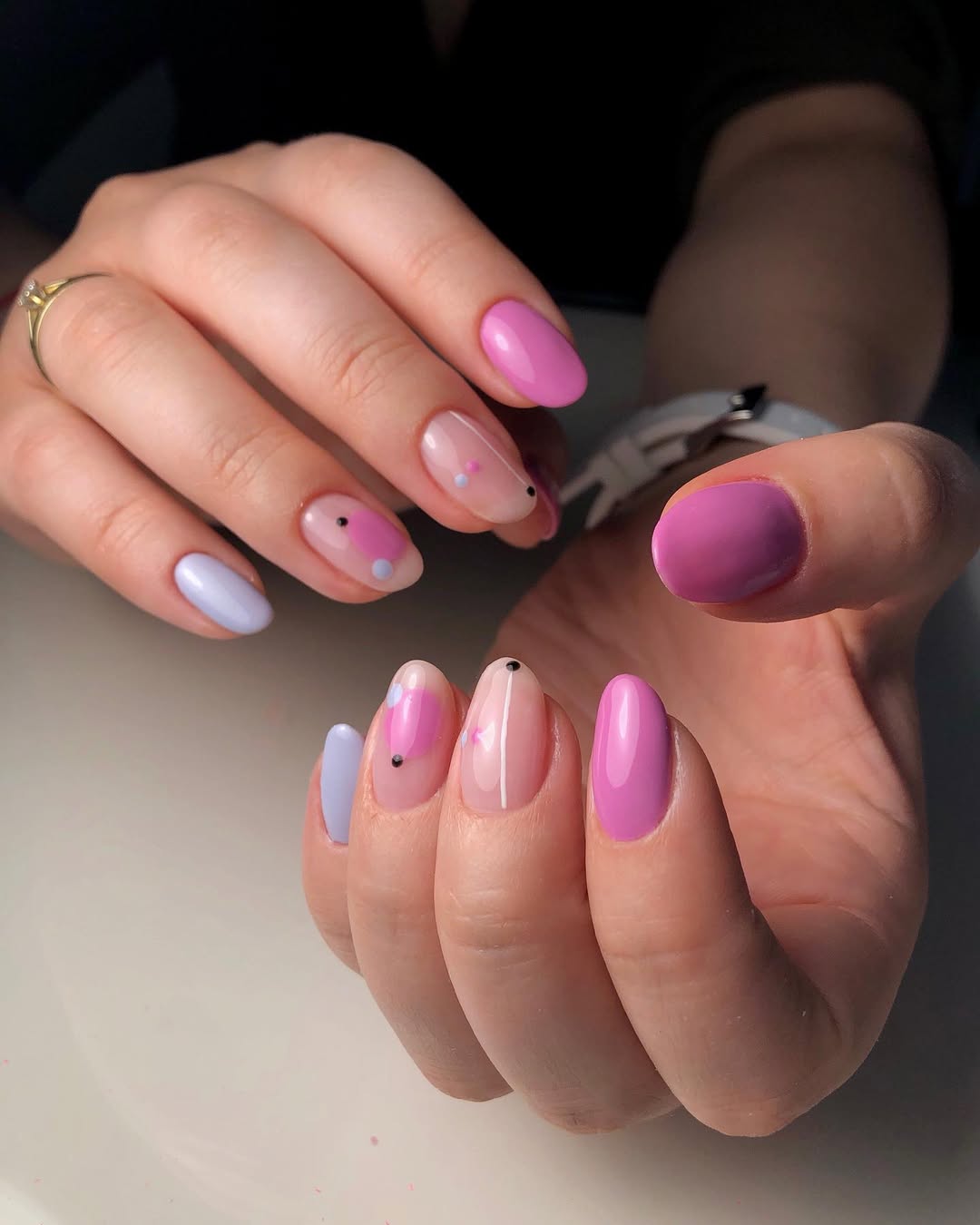 Playful Pink and Lavender Mismatched Glossy Oval Nails