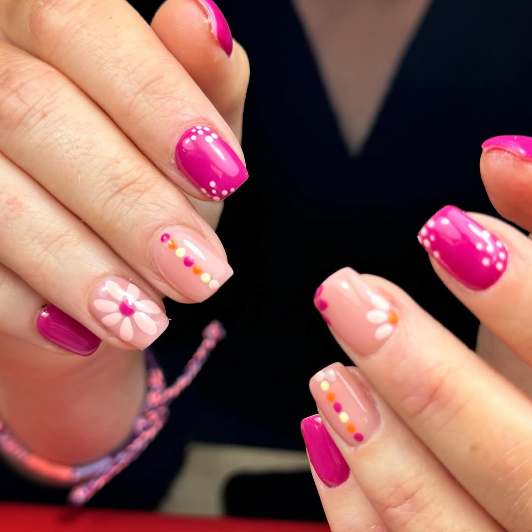 Playful Pink Mismatched Nails with Floral and Dot Art