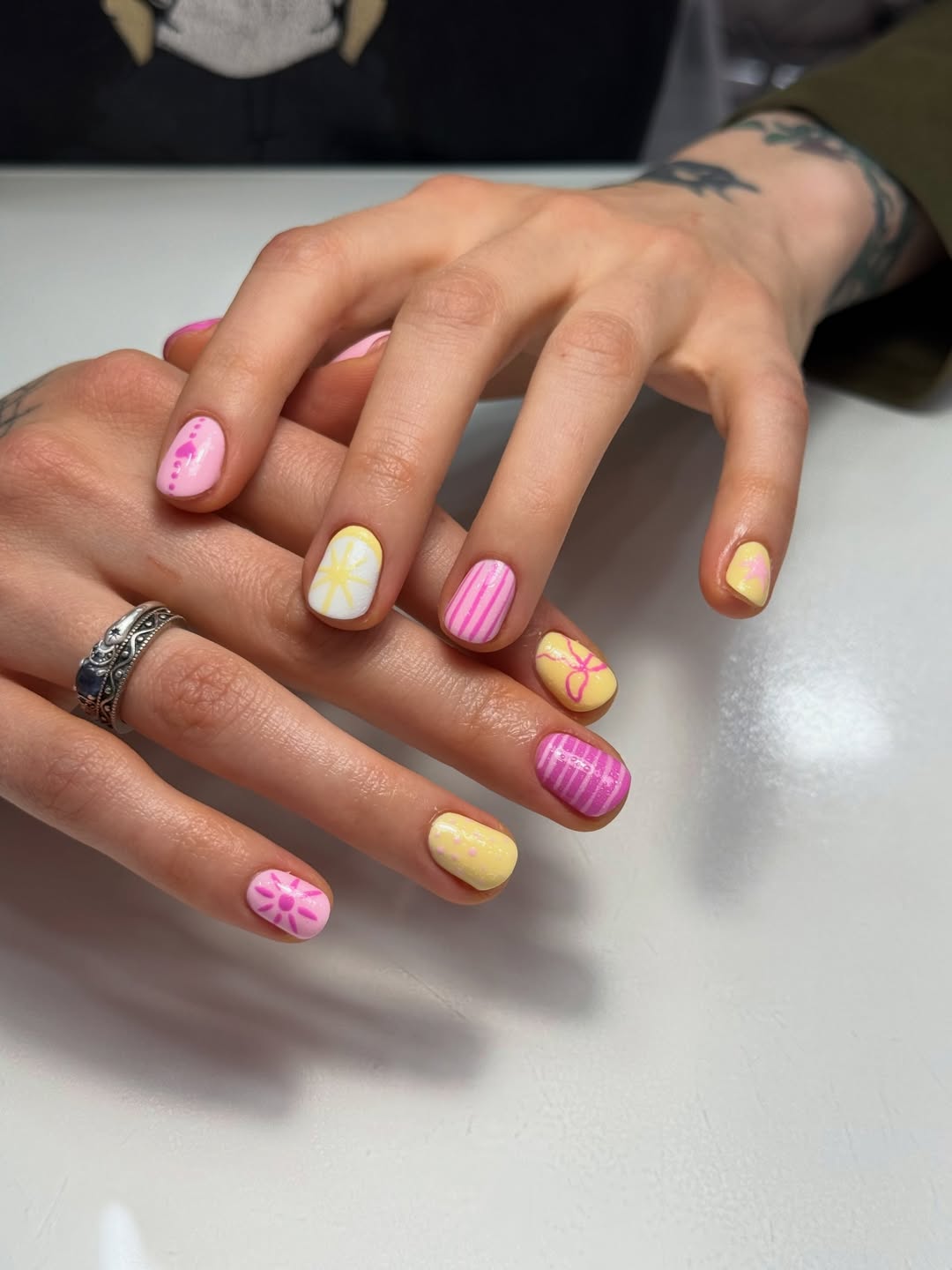 Playful Pink Yellow White Short Squoval Nails