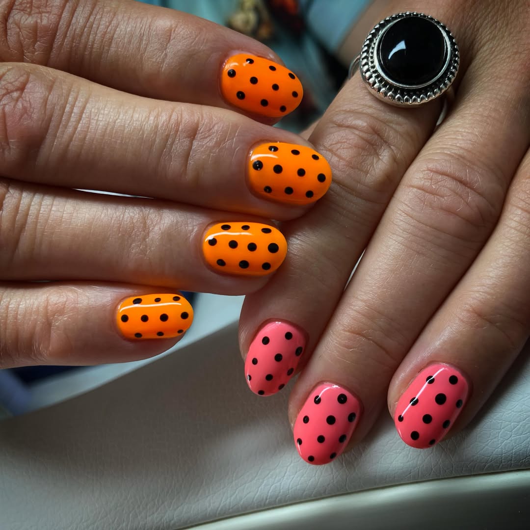 Playful Polka Dot Neon Orange and Pink Mani