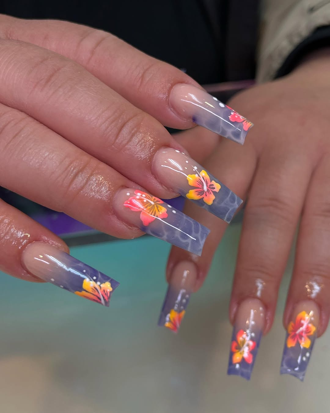 Purple Gradient Coffin Nails With Tropical Flowers