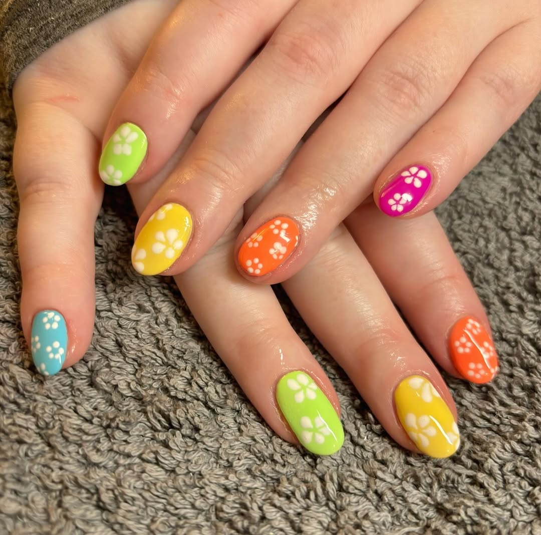 Rainbow Bright Floral Pattern Oval Nails