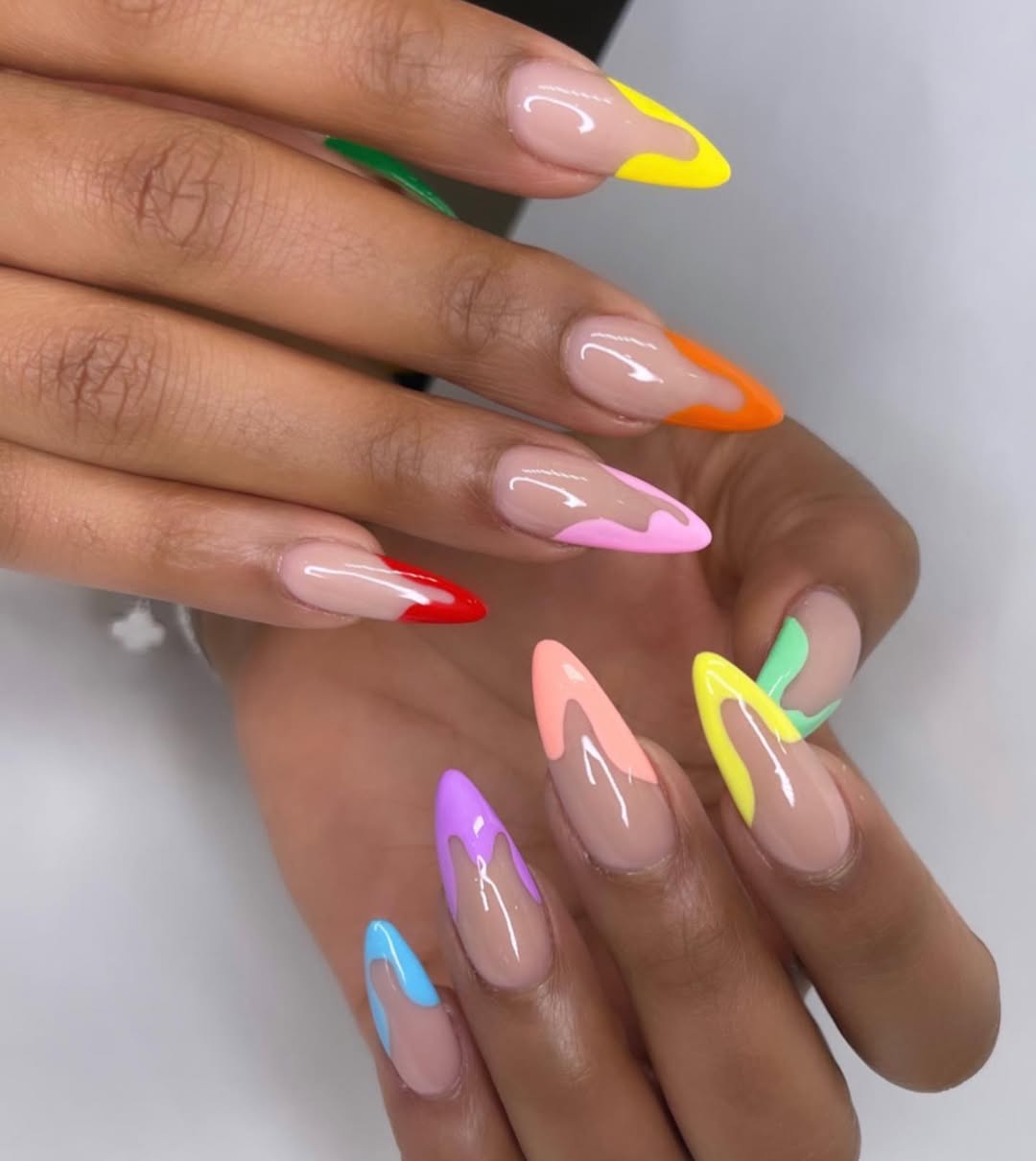 Rainbow Drip French Tip Almond Nails