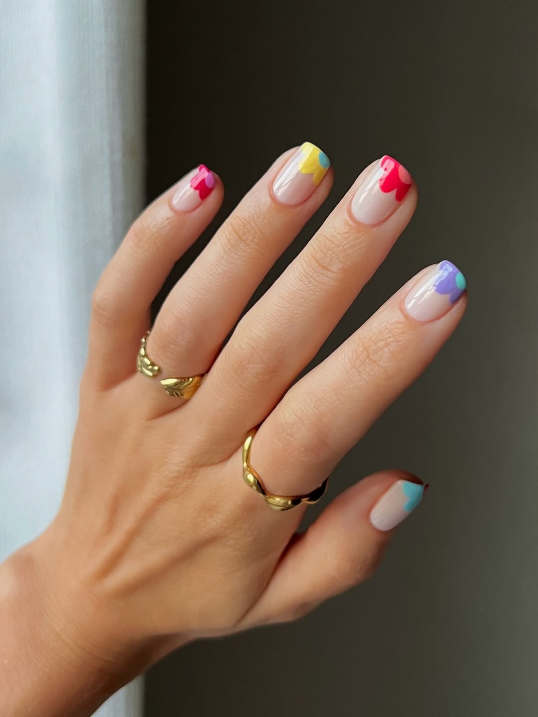 Rainbow Flower Power Tips Short Square Nails