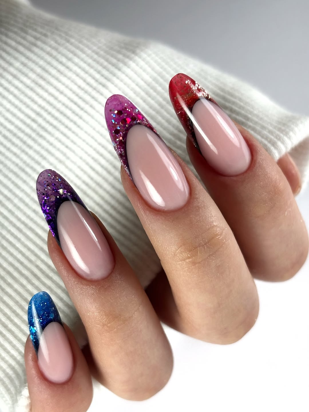 Rainbow Glitter French Tip Almond Nails