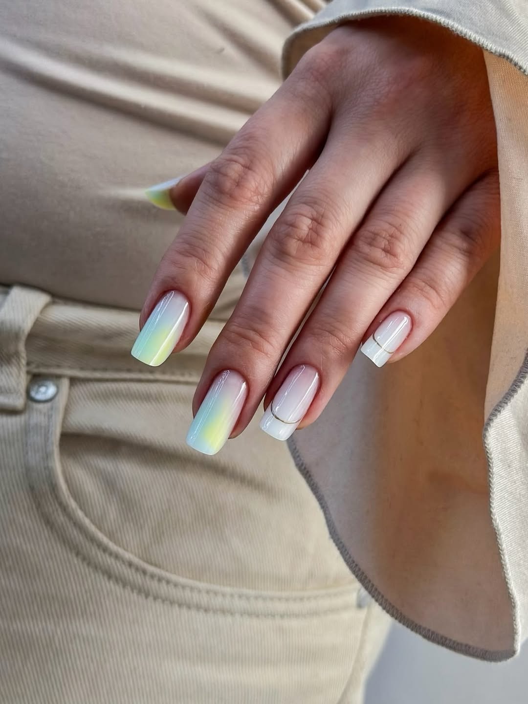 Rainbow Pastel Ombre Square Nails with Gold Accent