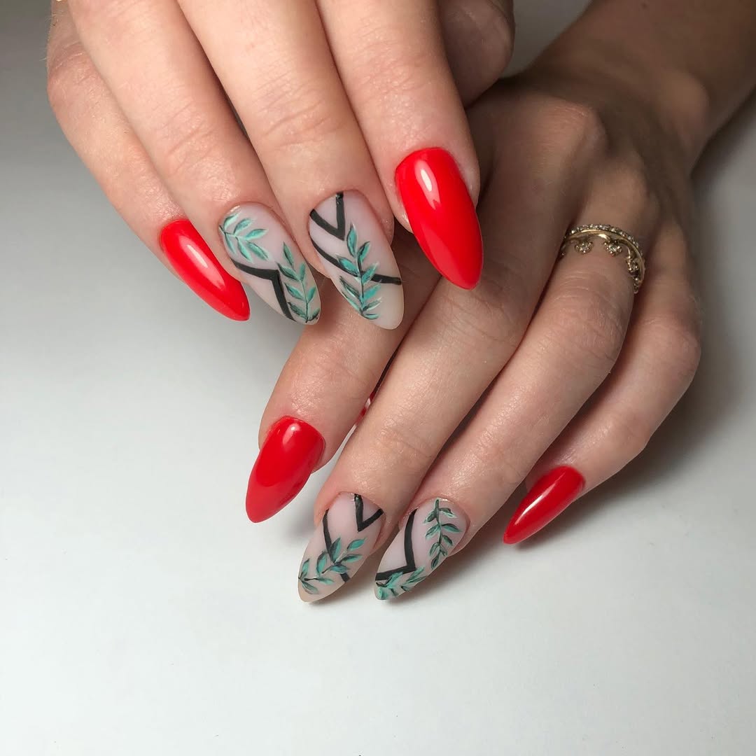 Red and Leafy Abstract Stiletto Nails