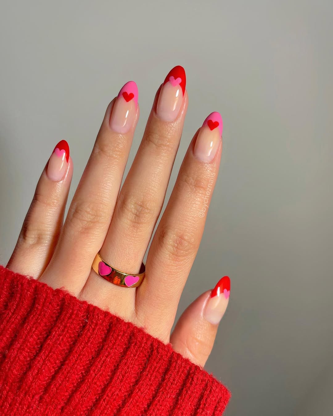 Red and Pink Heart Tip Almond Nails