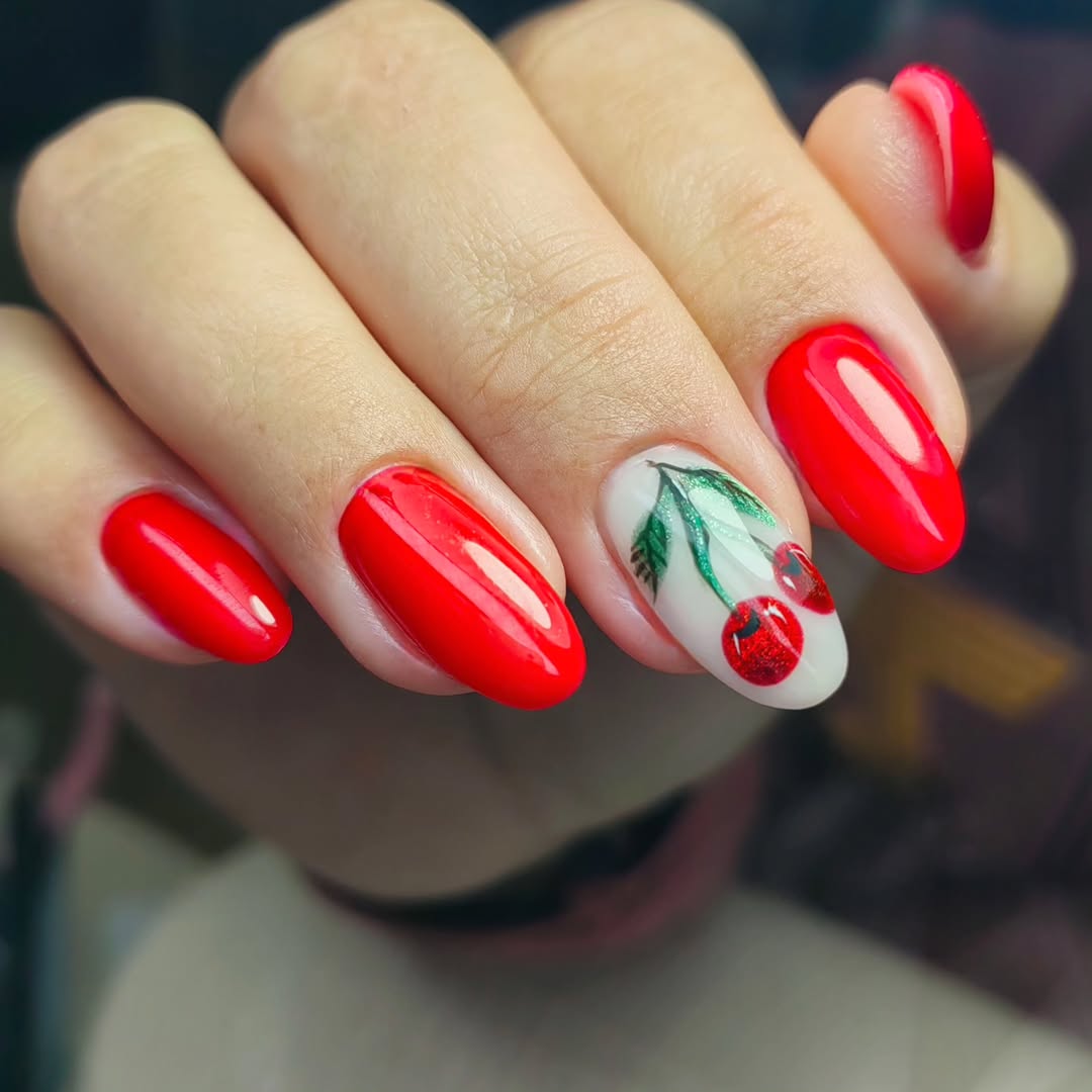 Red Cherry Hand-Painted Almond Summer Nails