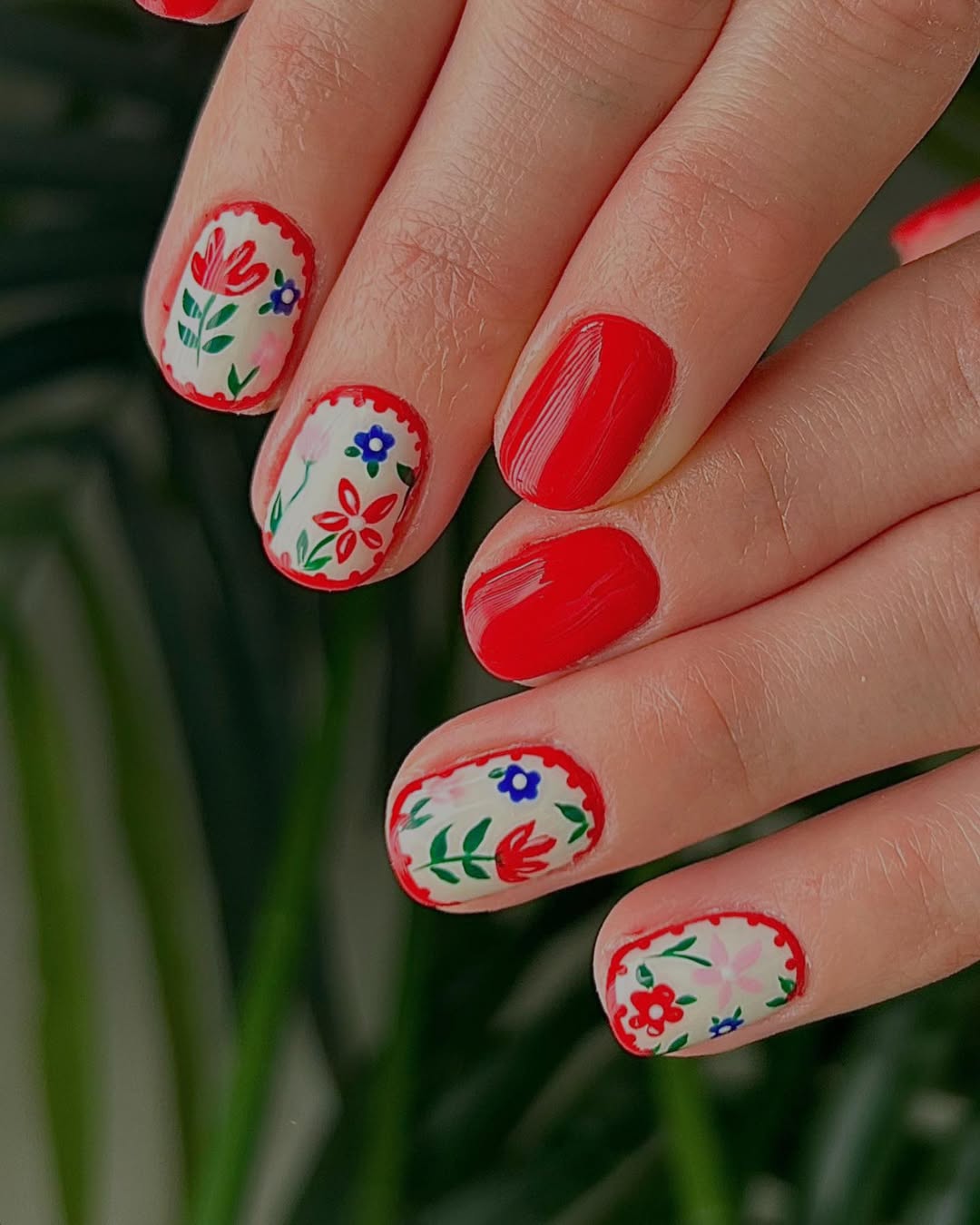 Red Cottagecore Floral Hand-Painted Nails