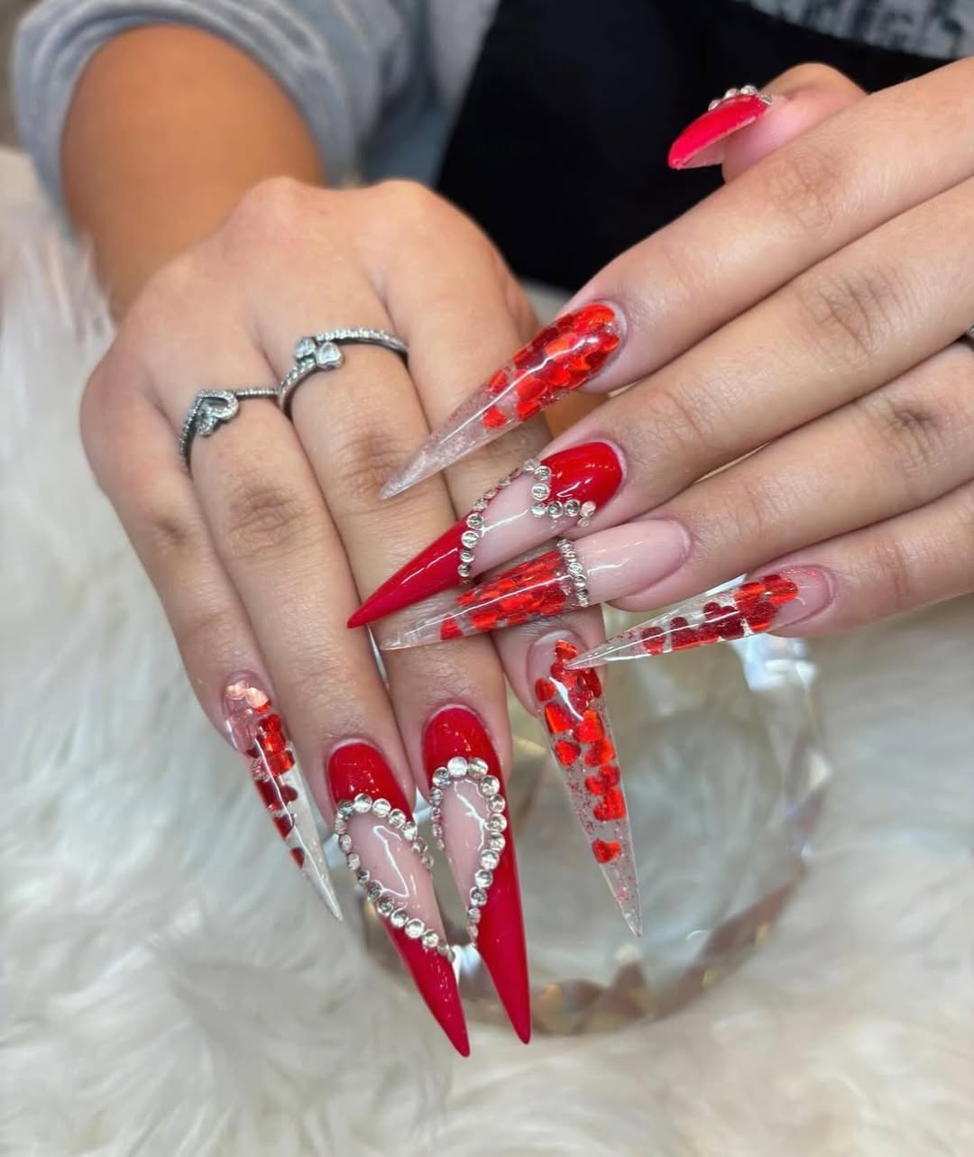 Red Heart Rhinestone Stiletto Acrylic Nails