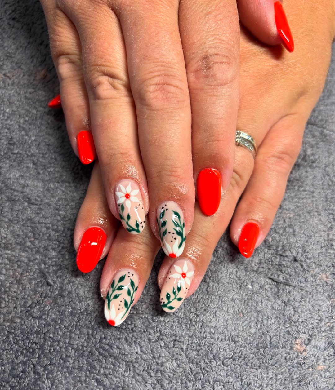 Red Solid and Botanical Nude Oval Nails