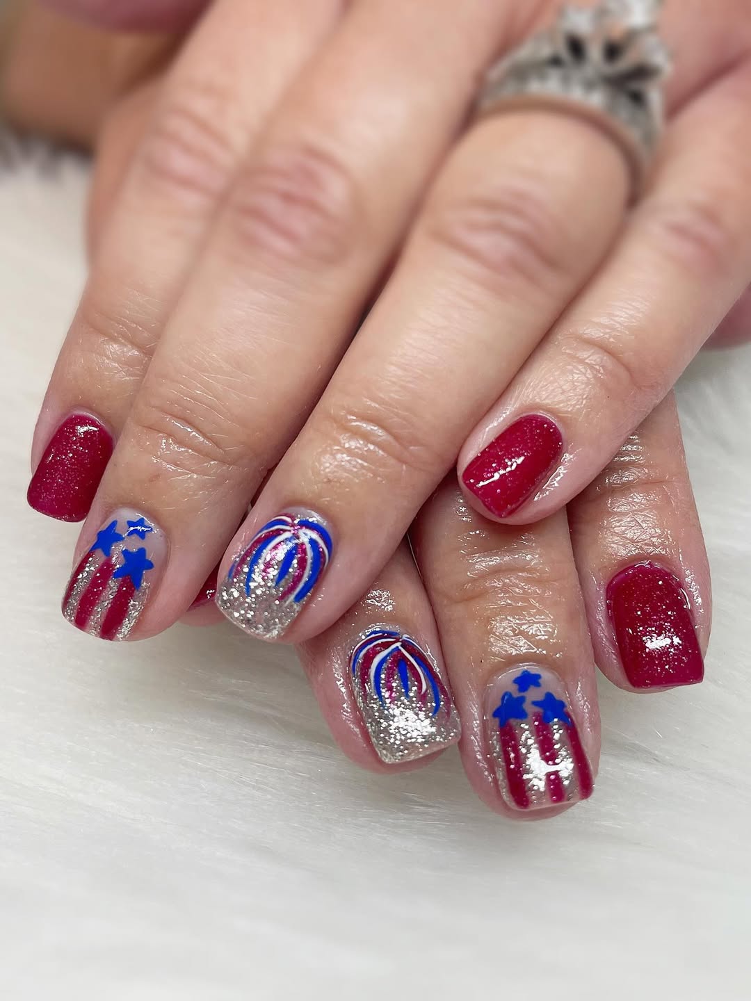 Red White Blue Glitter USA Nails