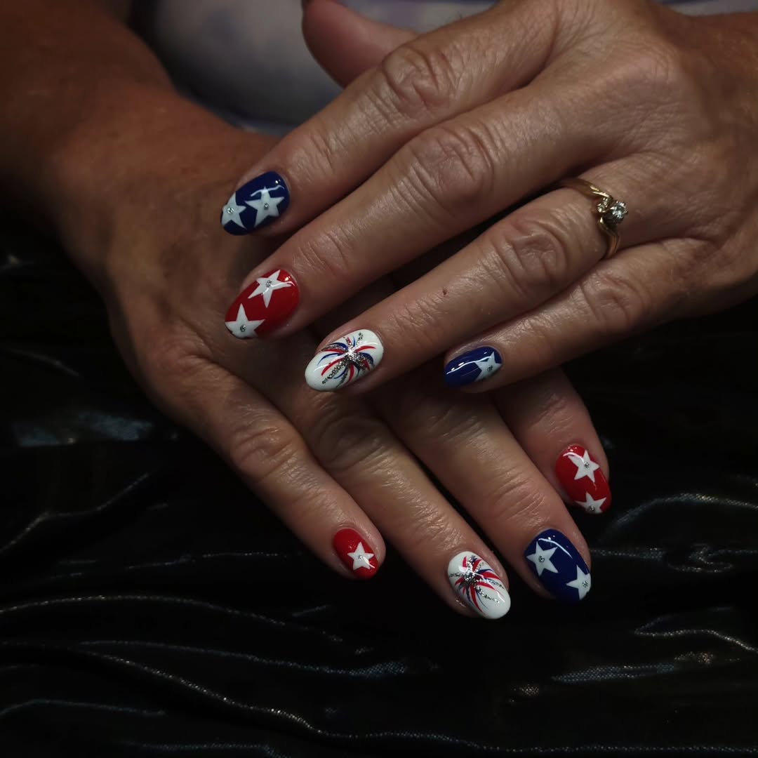 Red White Blue Star Spangled Firework Nails