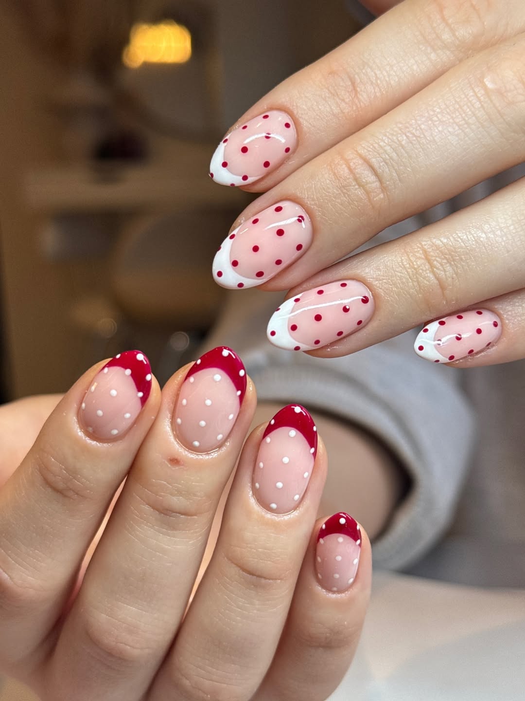 Red White Polka Dot Reverse French Tip Nails
