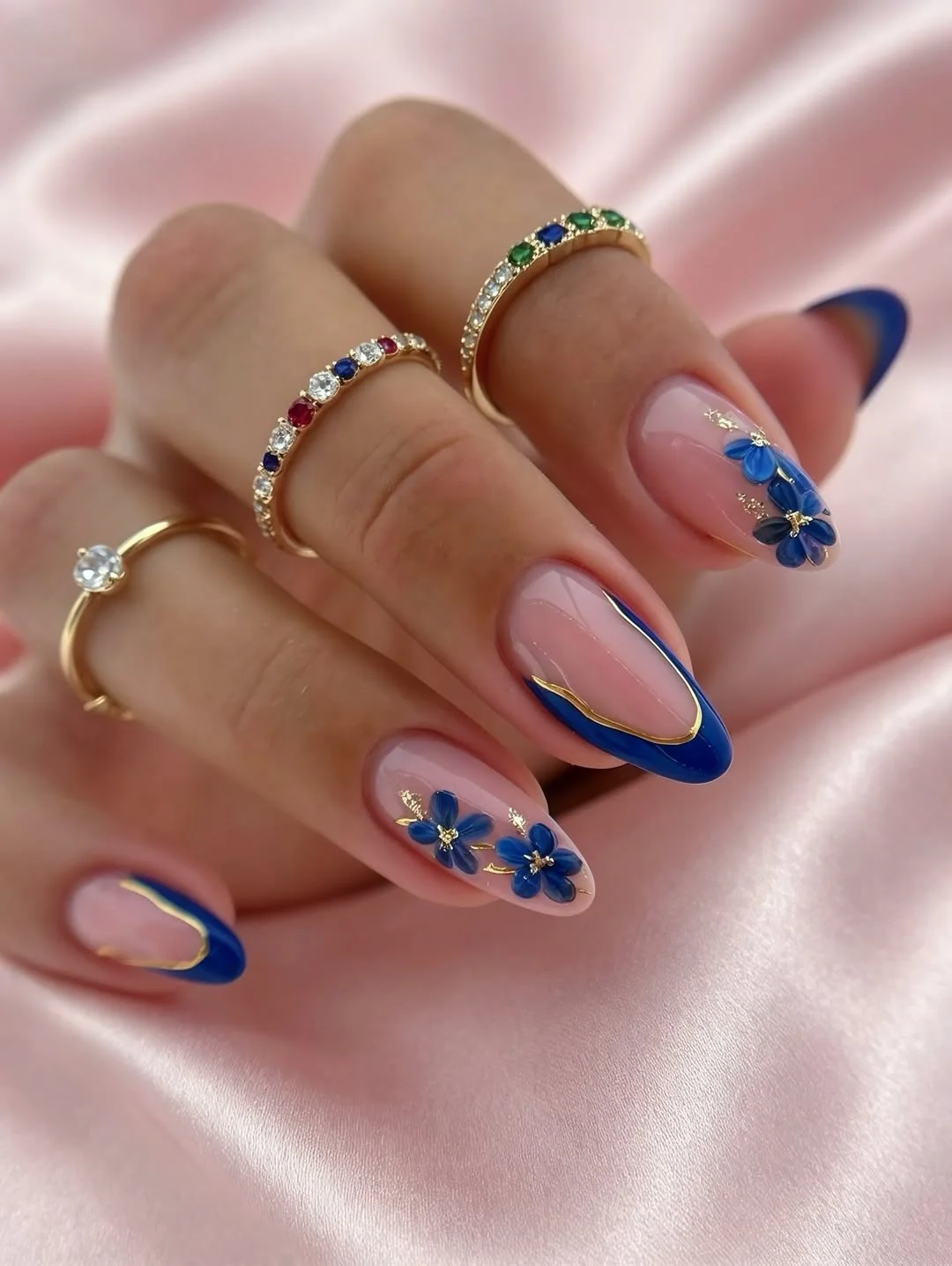 Royal Blue French Tips with 3D Floral Embellishments