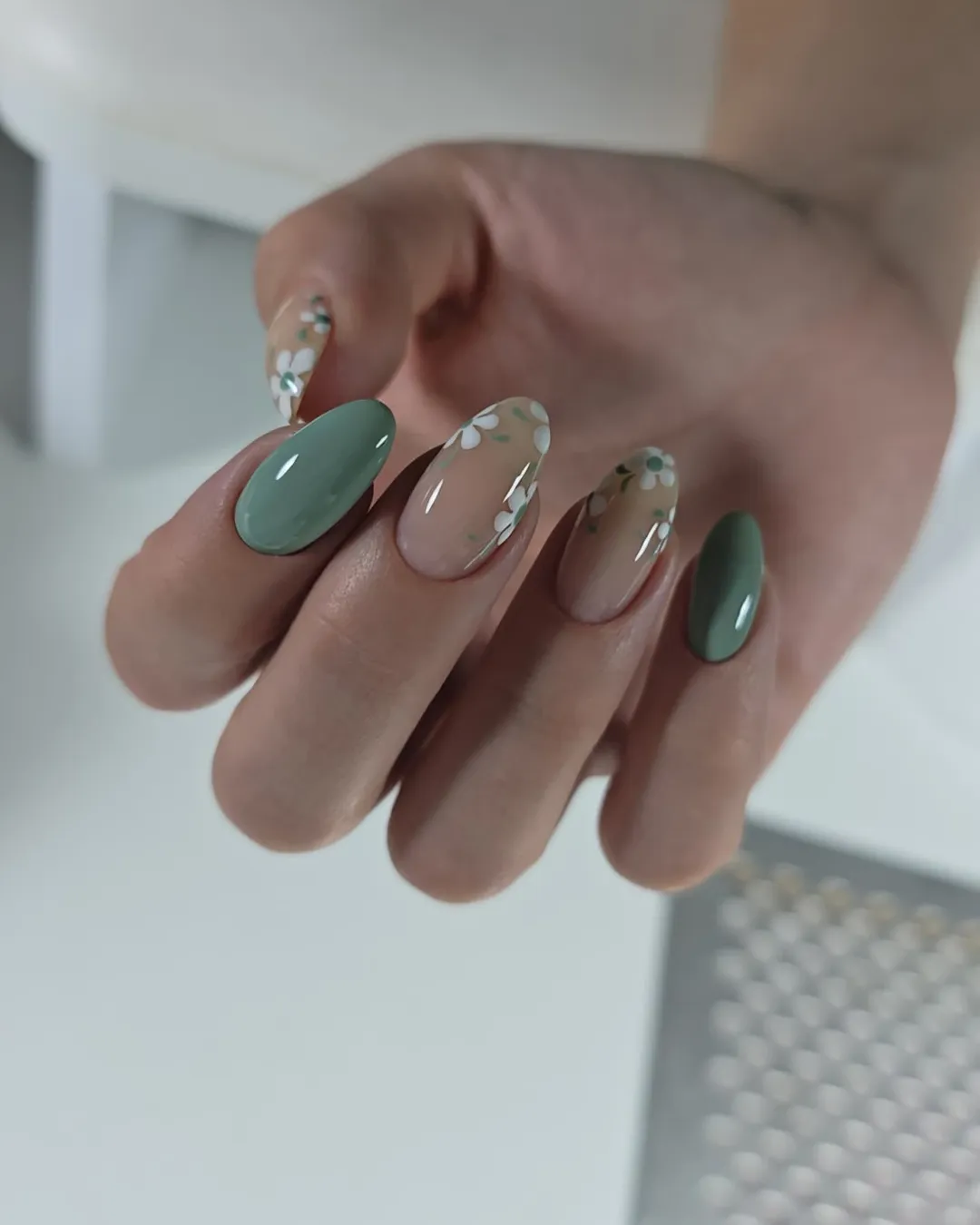 Sage Green And Floral Nude Oval Nails