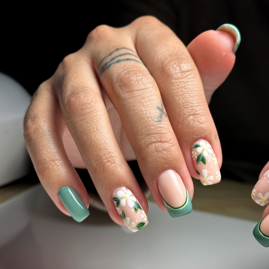 Sage Green Daisy French Tips and Solid Nails