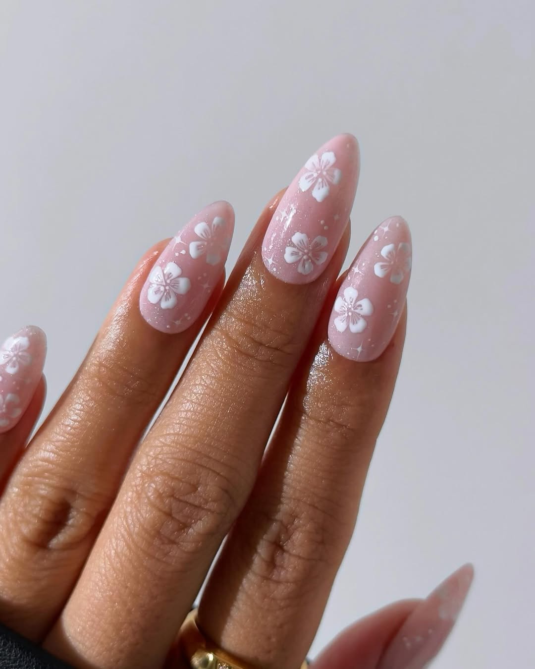 Shimmer Pink Almond Nails White Floral Art