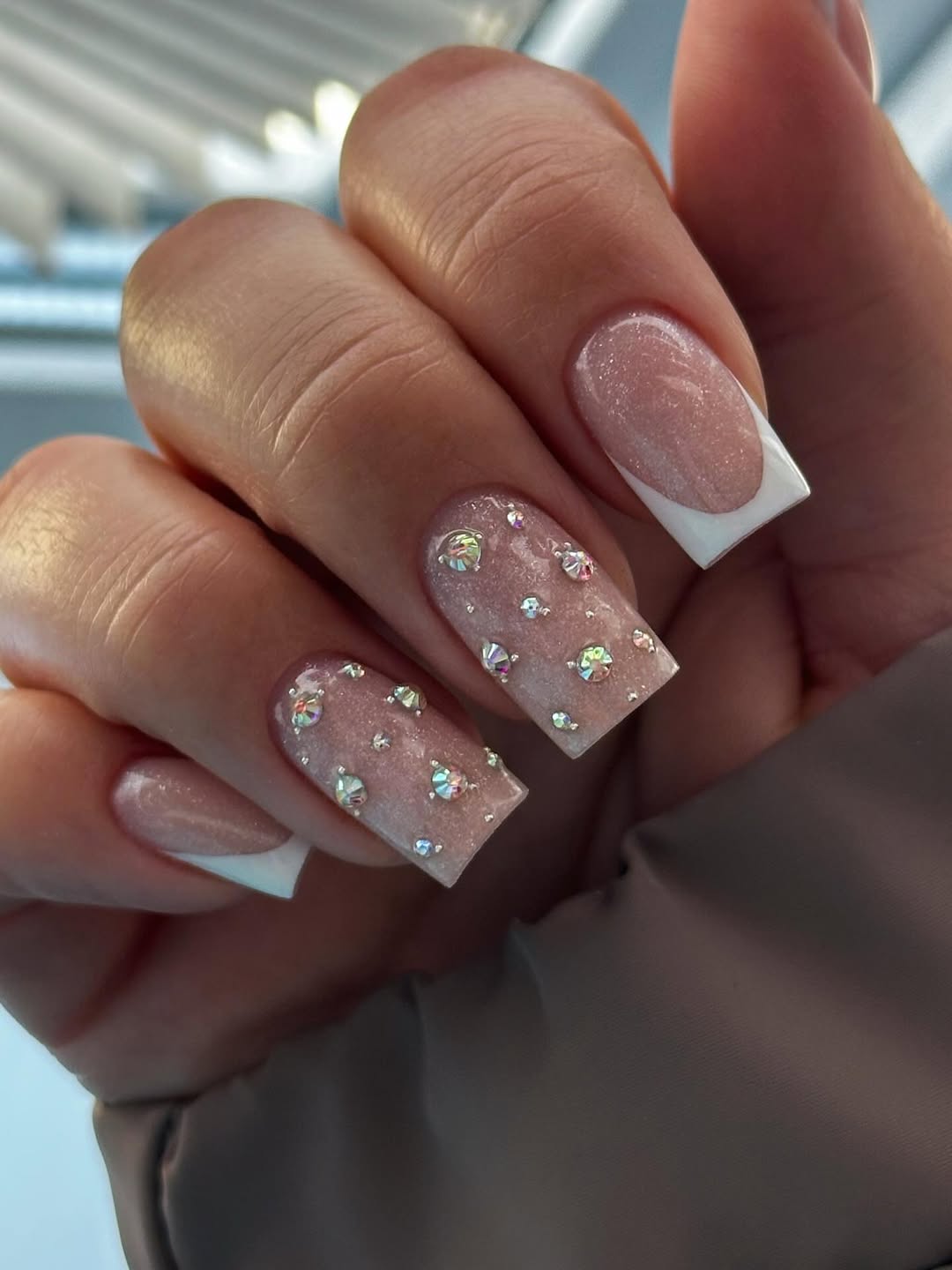 Shimmer Pink Rhinestone Square French Tips