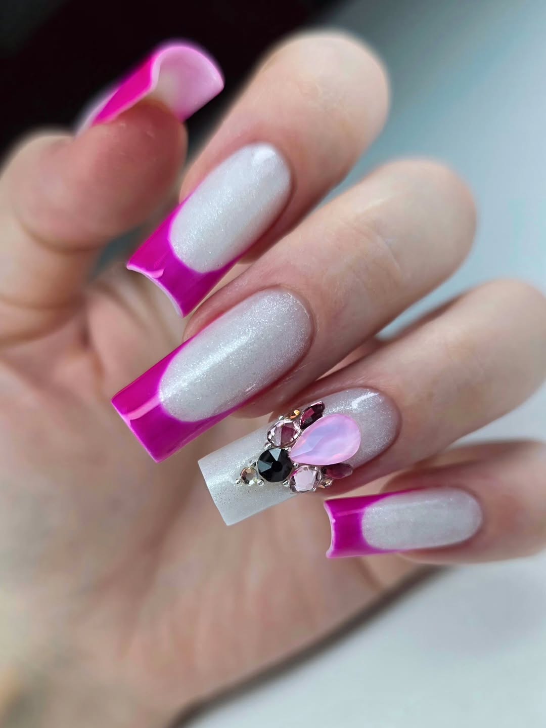 Shimmer White And Hot Pink Square French With Gems