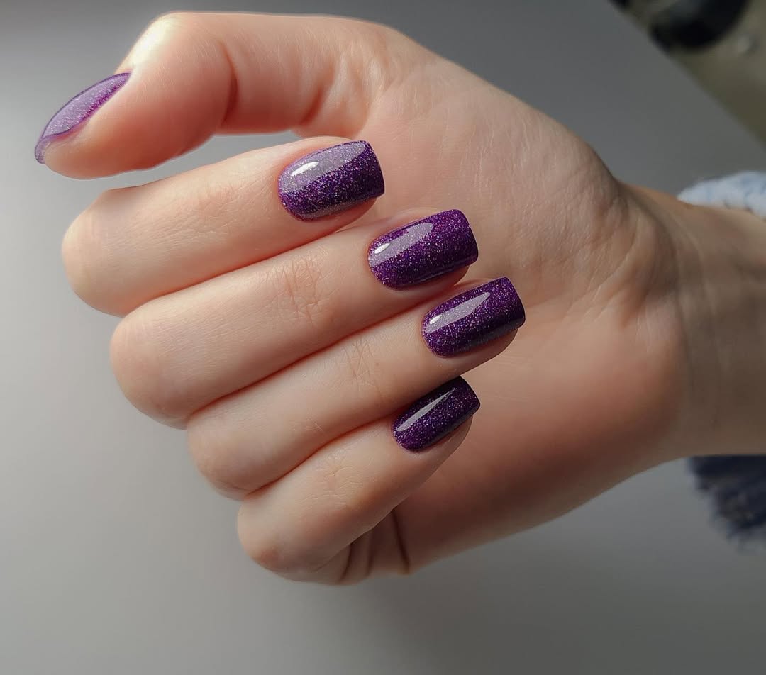 Shimmering Deep Purple Short Squoval Glitter Nails