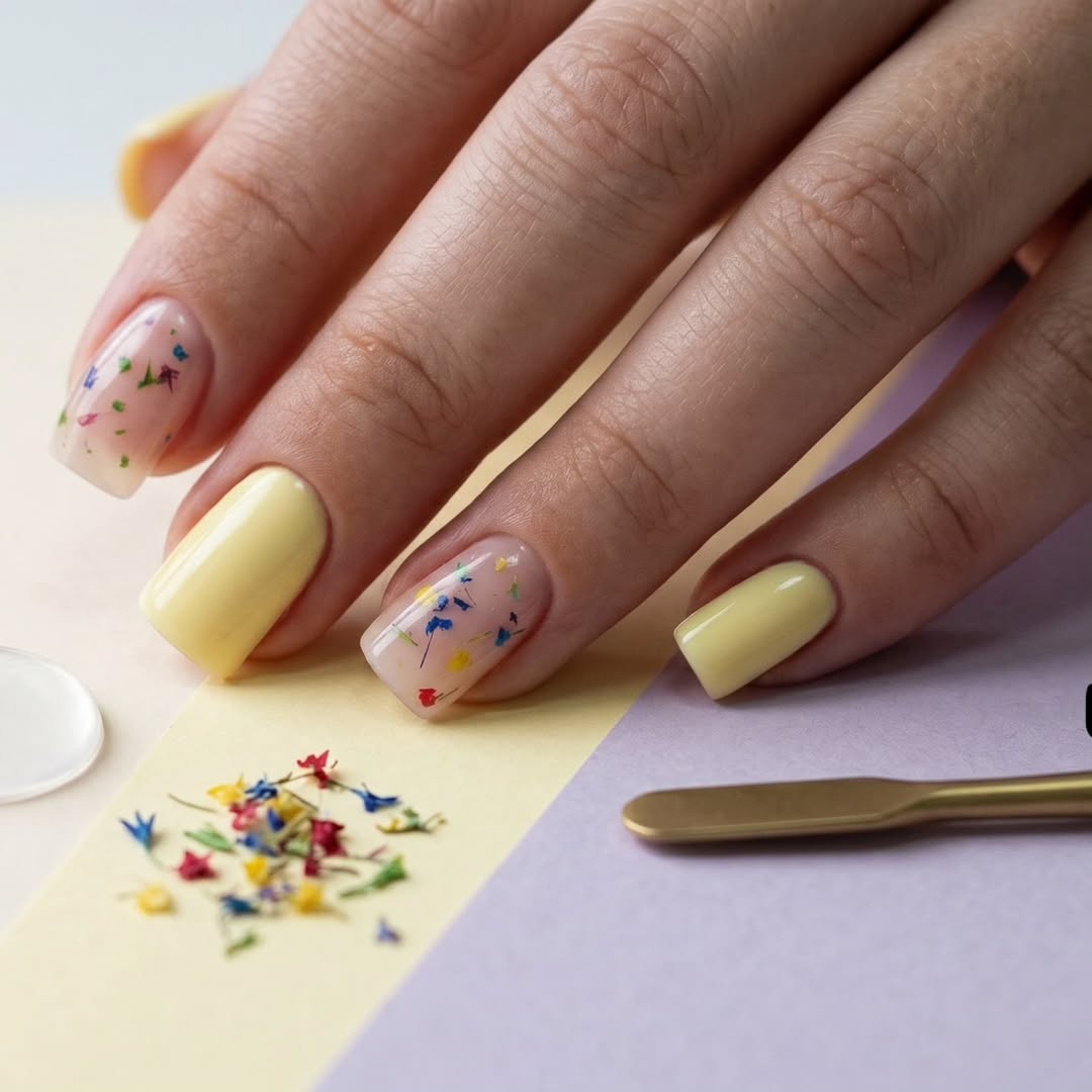Short Yellow Solid And Dried Flower Gel Nails
