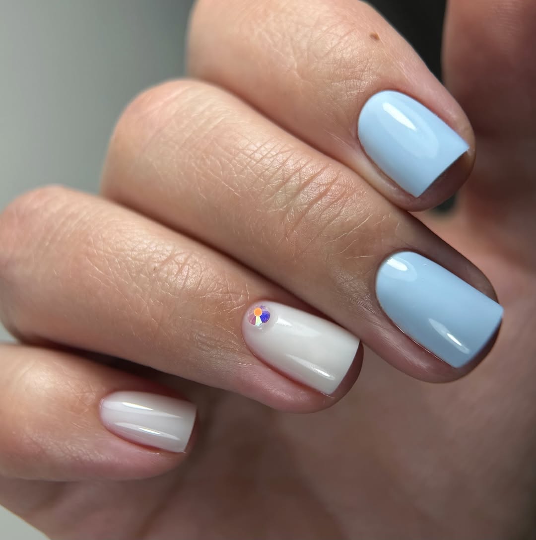 Sky Blue and Milky White Squoval Summer Nails