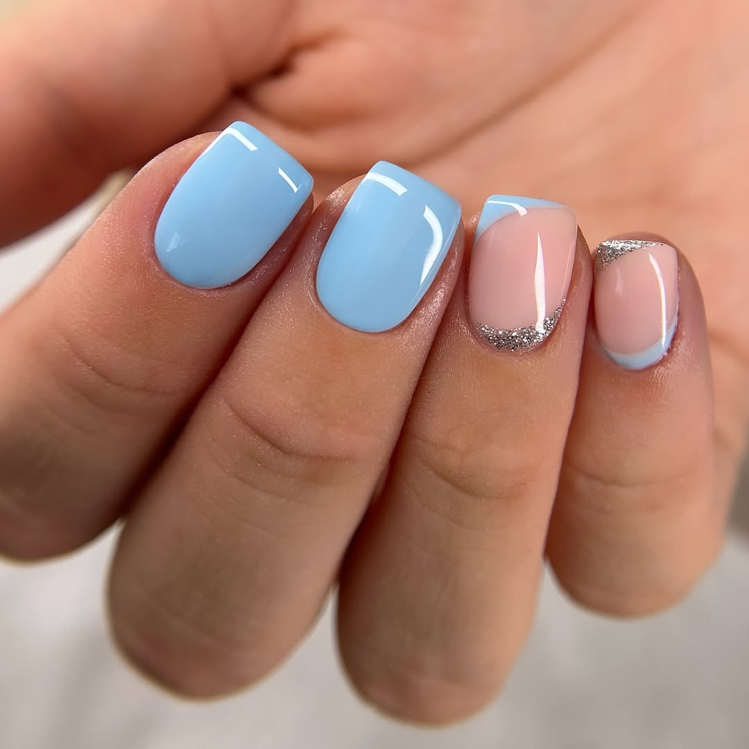 Sky Blue And Pink Glitter French Tips