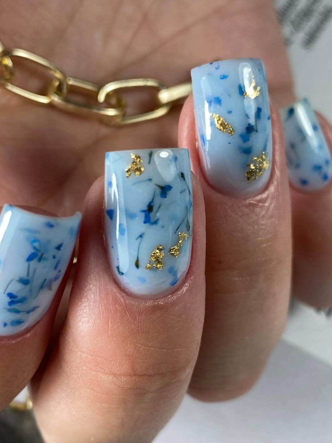 Sky Blue Encapsulated Gold Flake Coffin Nails