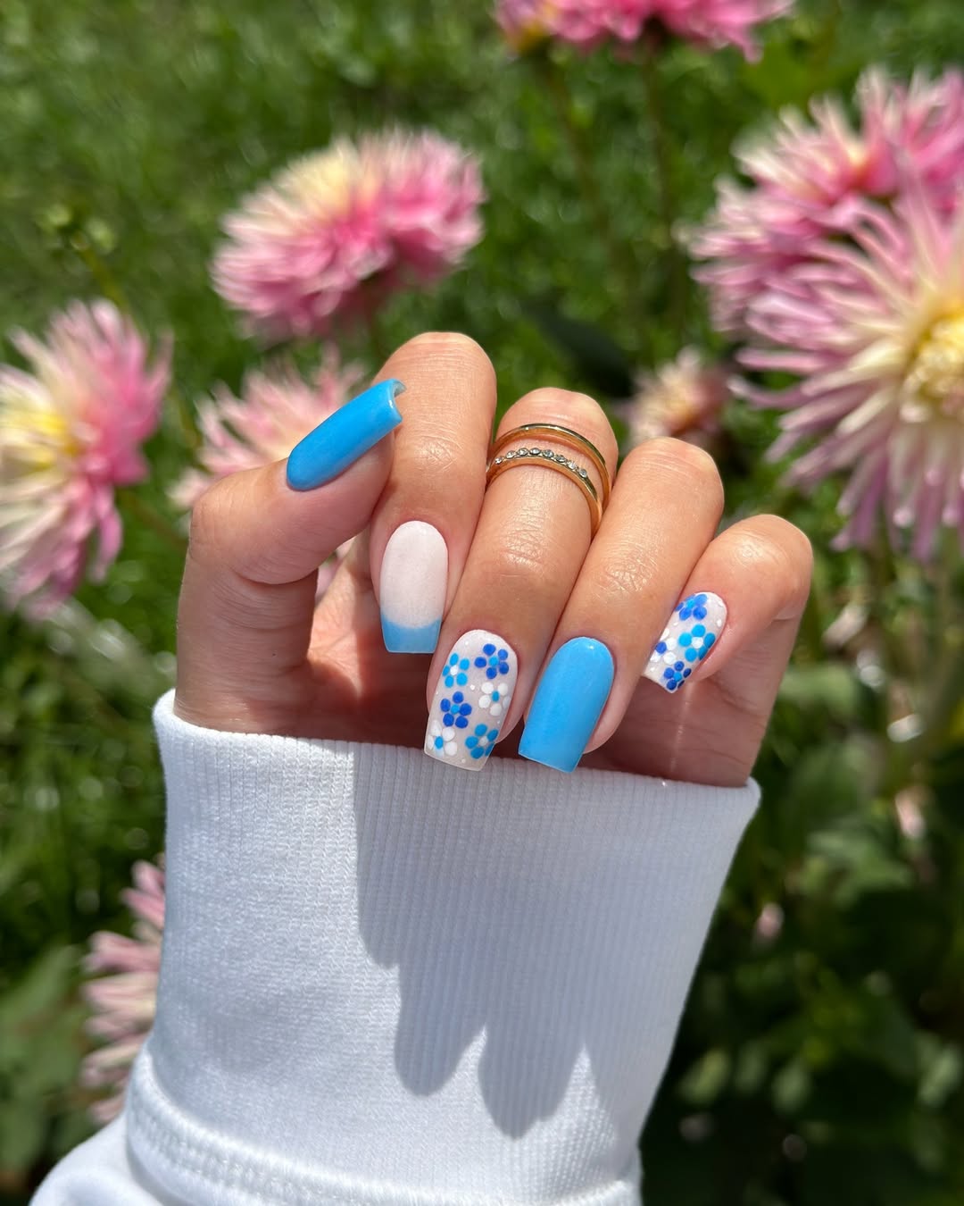 Sky Blue French Tips With Dainty Floral Accents