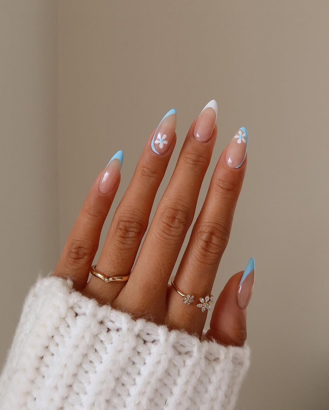 Sky Blue French Tips with Delicate Daisy Art